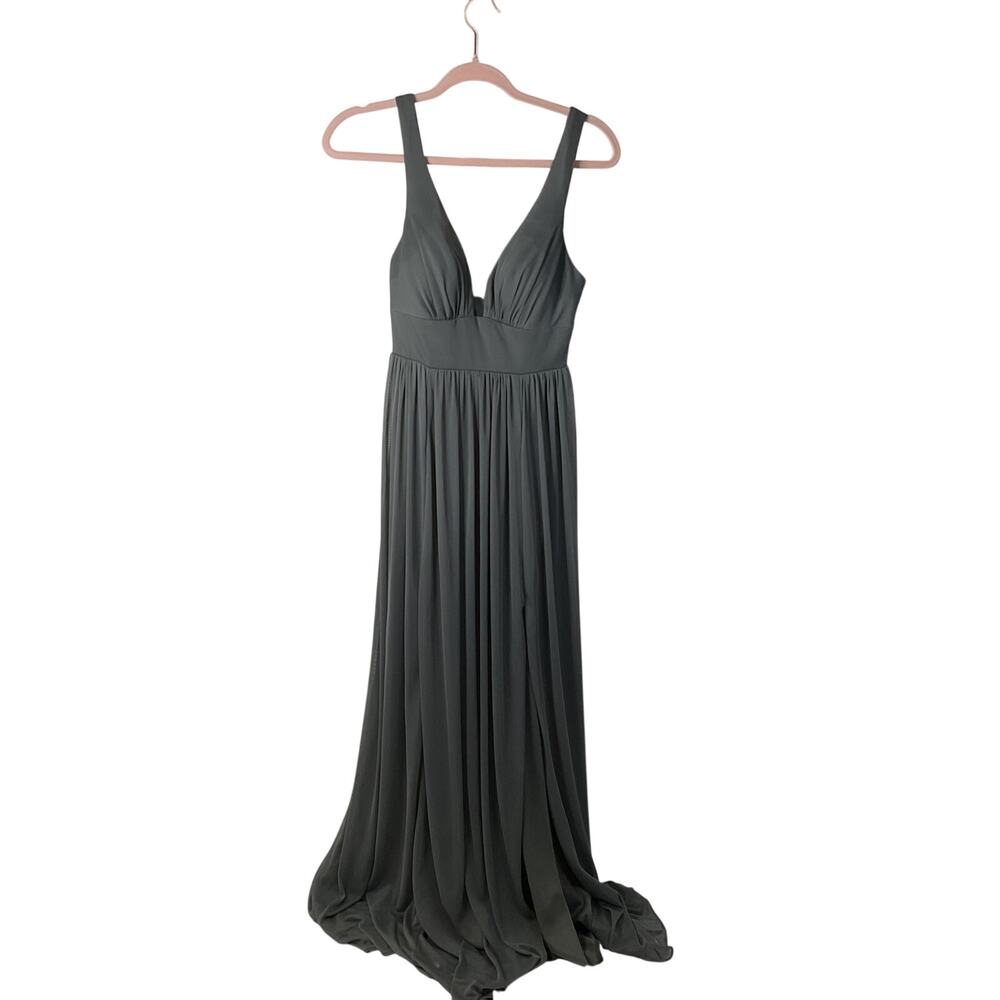 Azazie Steel Grey V-Neck Pleated Bridesmaid Dress Size C / Size 6-8